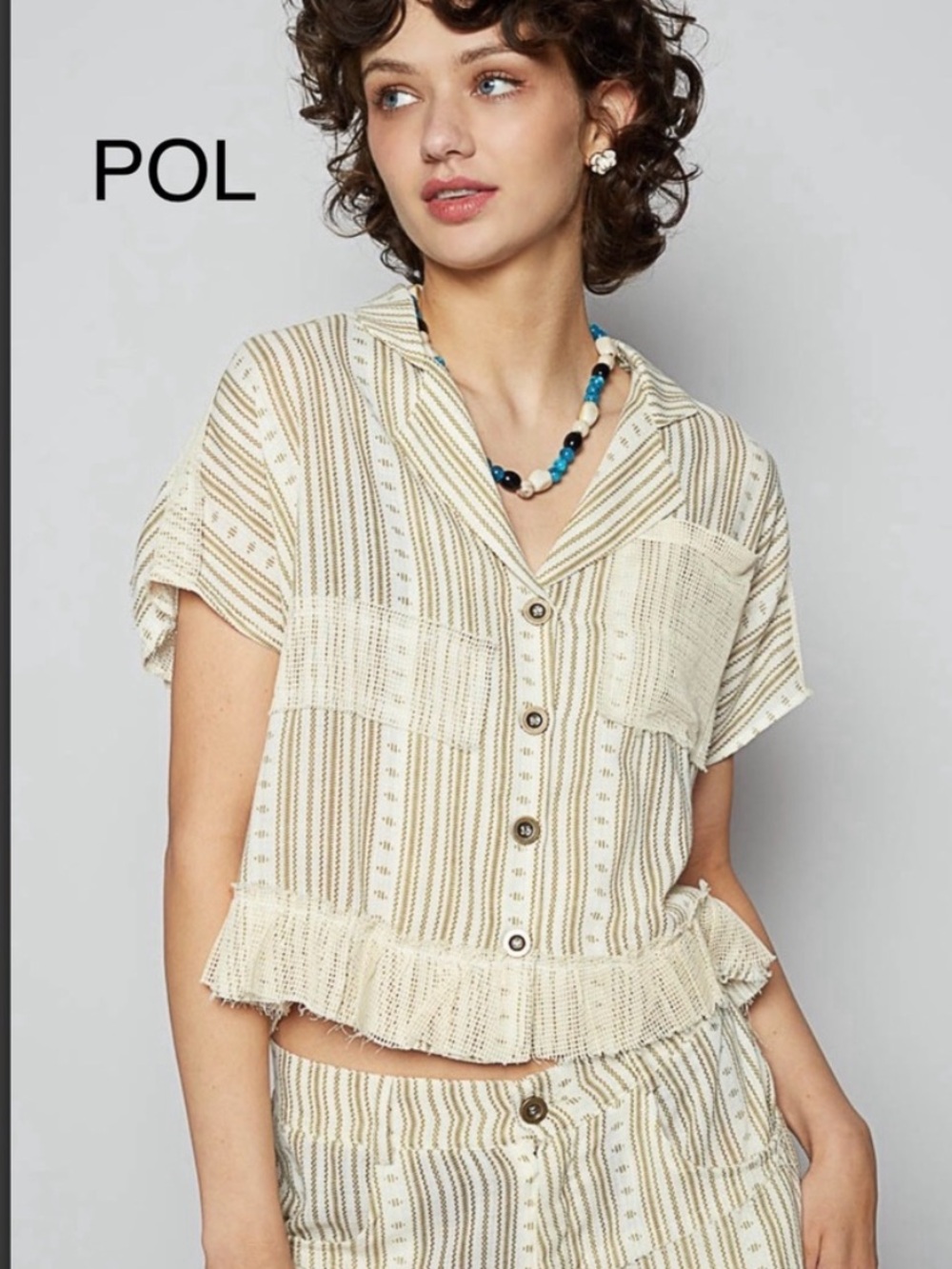 POL Beige & Brown Oversized Button Down Top